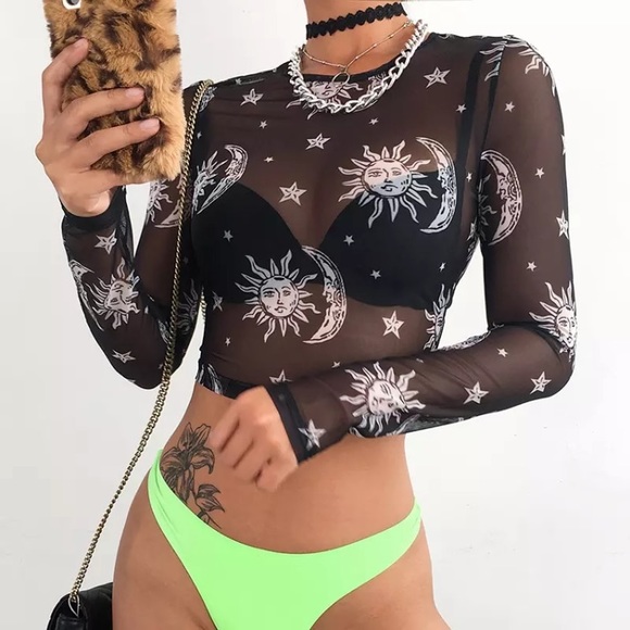 Punky Cosmic Sun Moon Sheer Mesh Crop Top - Picture 3 of 8
